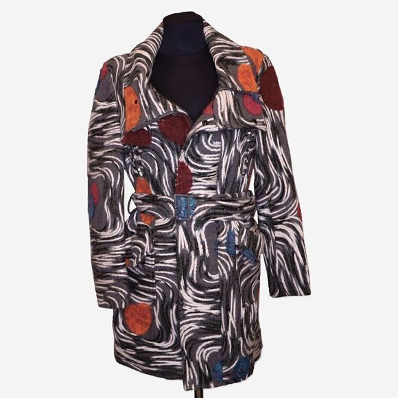 Vintage 1970s Abstract Belted Coat Sz S - Picture 2 of 8